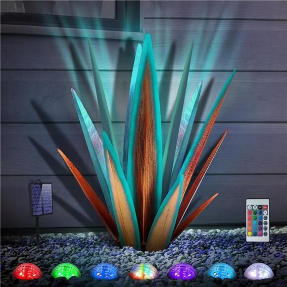 Large Tequila Rustic Sculpture, Metal Agave Plants(Blue - L (W/Solar Light))